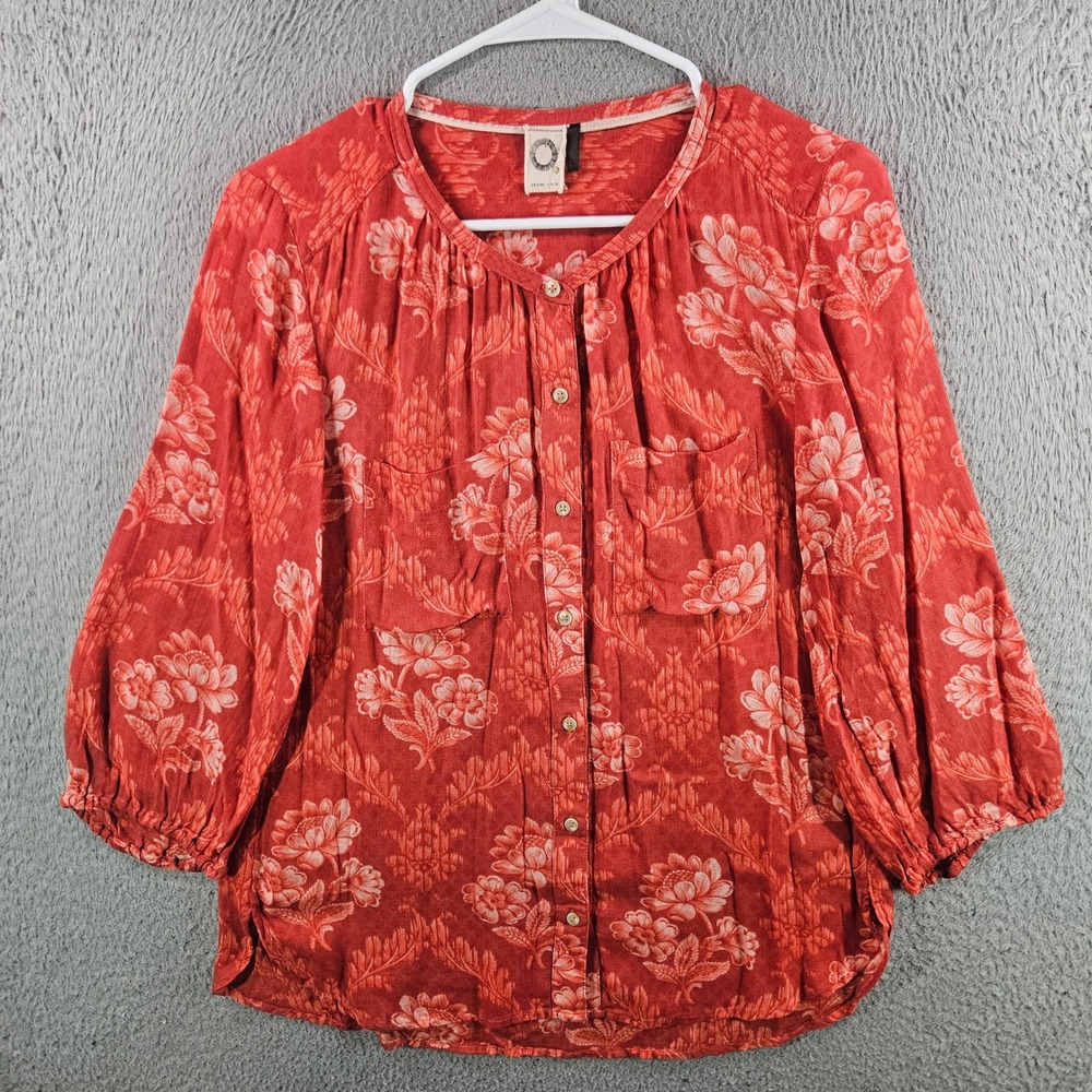 Anthropologie Akemi + Kin Red Floral Damask Button Front Blouse 3/4 Sleeve Small